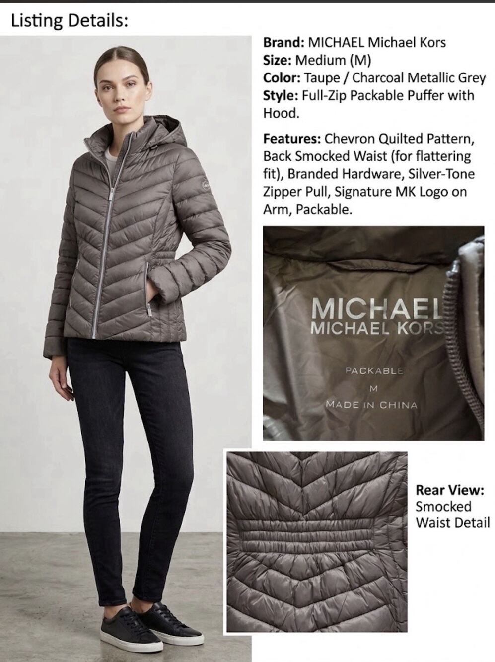 Michael Kors Womens Medium Taupe Packable Puffer Jacket Hooded Chevron Quilted